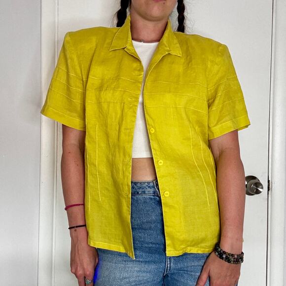 Ann Gerlin 1990s Button Up Linen Blouse Chartreuse Green Short Sleeve Tailored - Picture 2 of 10